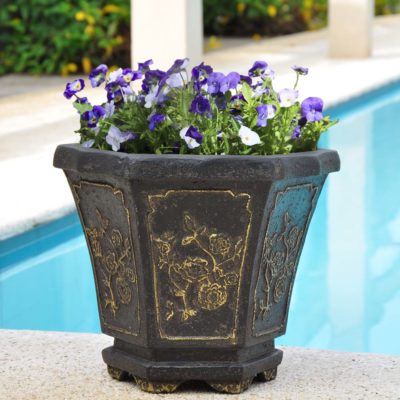 15 in. x 14 in. Hexagonal Cast Stone Oriental Planter with Gold Tipping in an Aged Charcoal finish (PF5757AC)