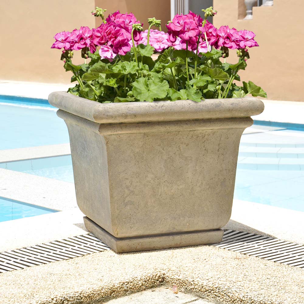 24 in. Square Aged Granite Cast Stone Planter with Attached Saucer (PF5762AG)