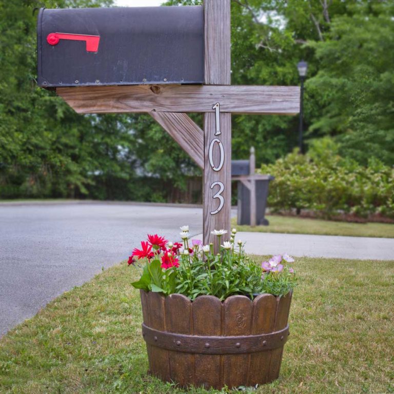 20 in. Dia. Cast Stone Mailbox Planter in Barrel (PF5764B) MPG Planters