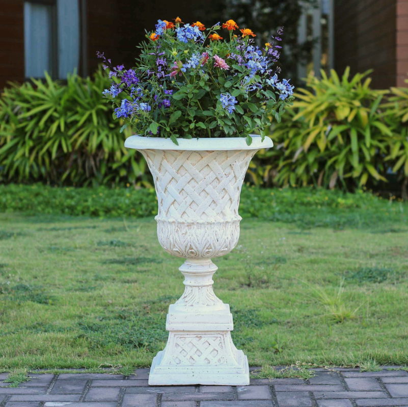 26.5 in. H. Aged White Cast Stone Lattice Urn and Pedestal (PF5825AW)
