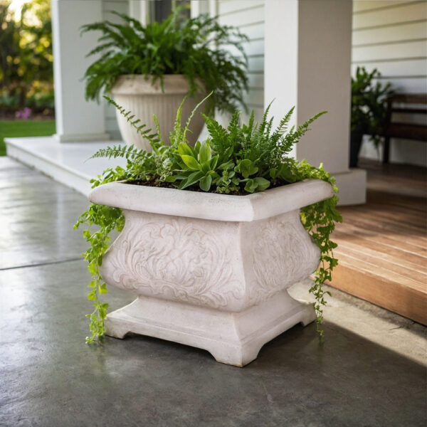 18 in. sq. Light Aged White Cast Stone Fiberglass Bombe Planter ...