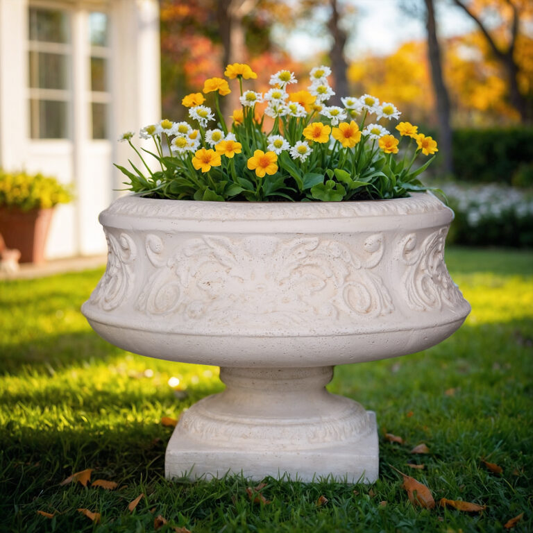 16.25 in. Dia Light Aged White Cast Stone Fiberglass Ornate Low Urn ...