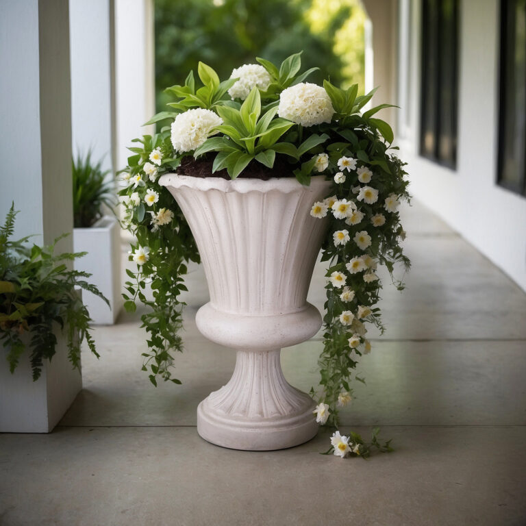 29 in. H Cast Stone Fiberglass Long Leaf Urn in Light Aged White ...