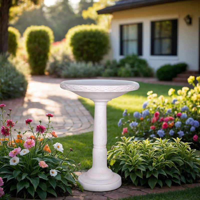 26.5 in. H Cast Stone Aged White Birdbath (PF7437LAW) - MPG Planters